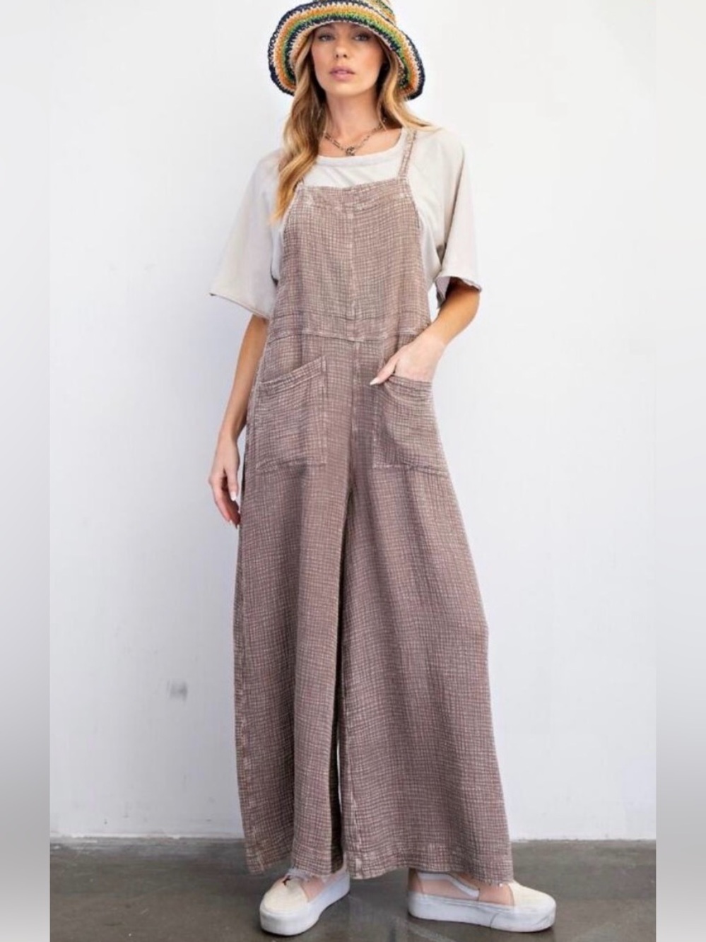 Easel Mineral Washed Taupe Cotton Jumpsuit Overalls Size 1X Plus size Boho